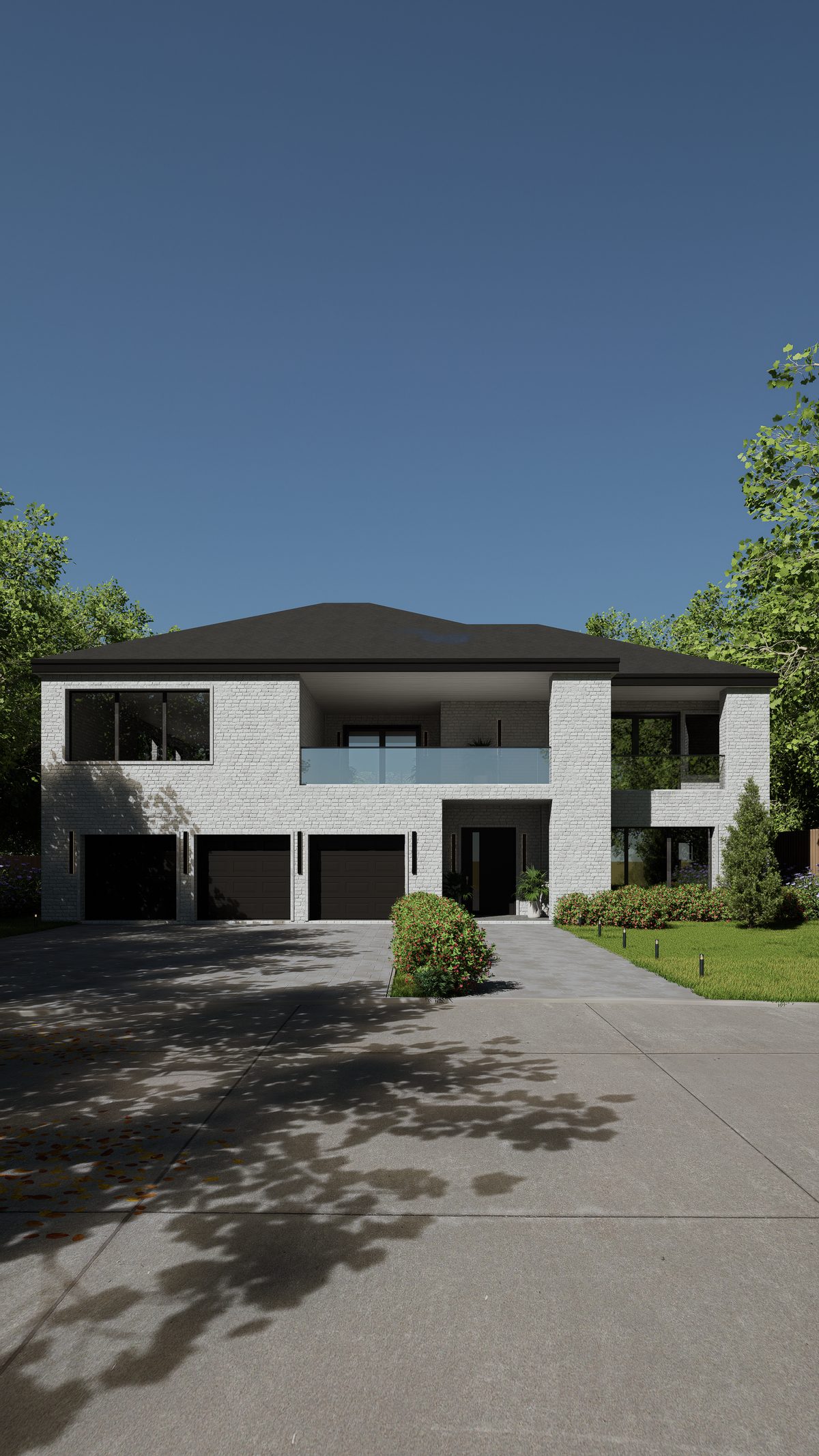 Front elevation — modern brick, black metal roofline